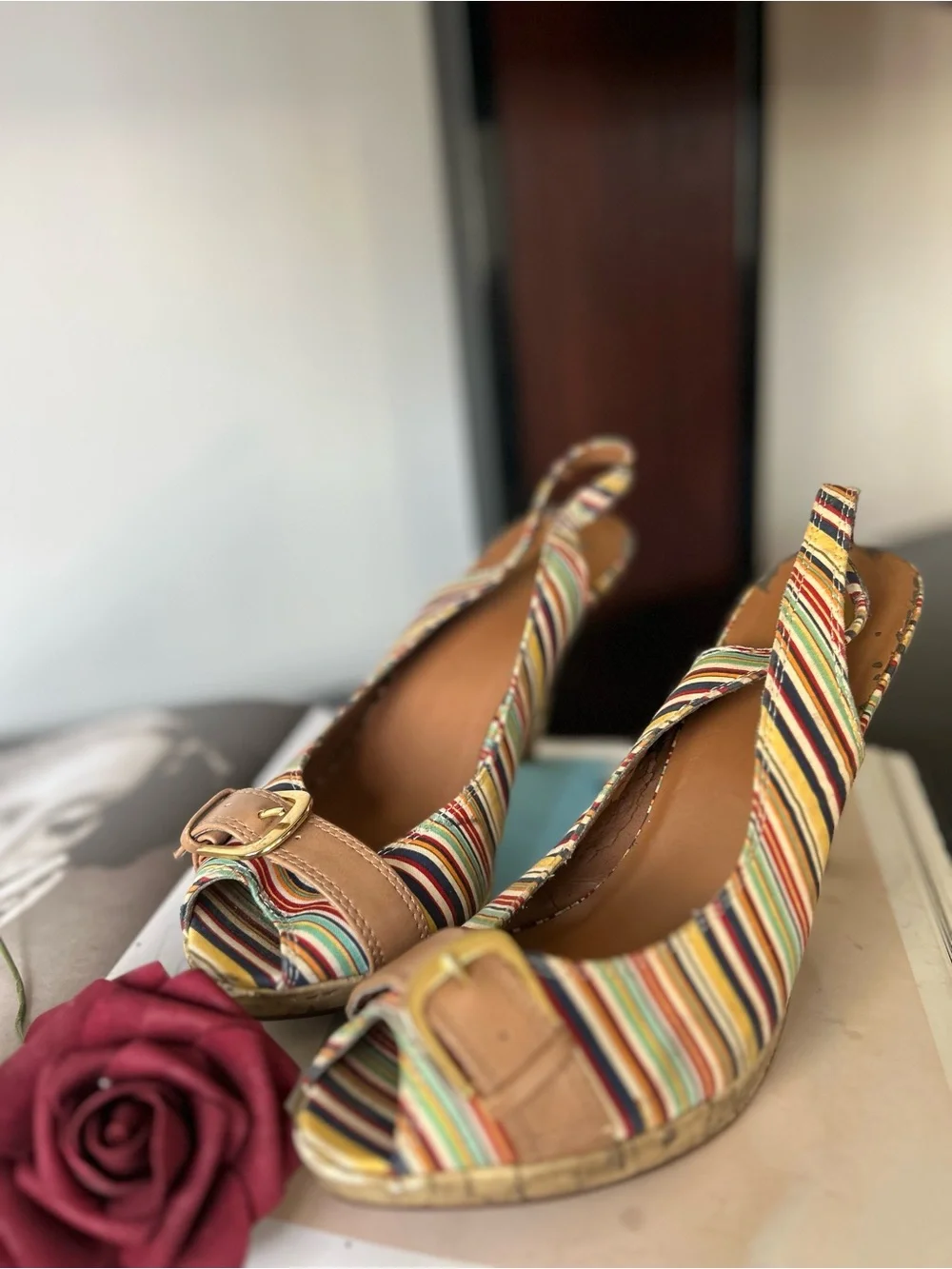 candies 9 Women's Multicolor Striped Peep-Toe Slingback Wedges